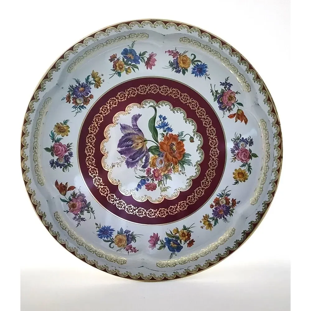 Vintage Daher Decorated Ware Floral Tin Tray 12” Round England Burgundy Gold